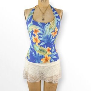 Vintage Y2K Tropical Floral Swim Halter Top Hibiscus Open Back Coconut Girl Sz L
